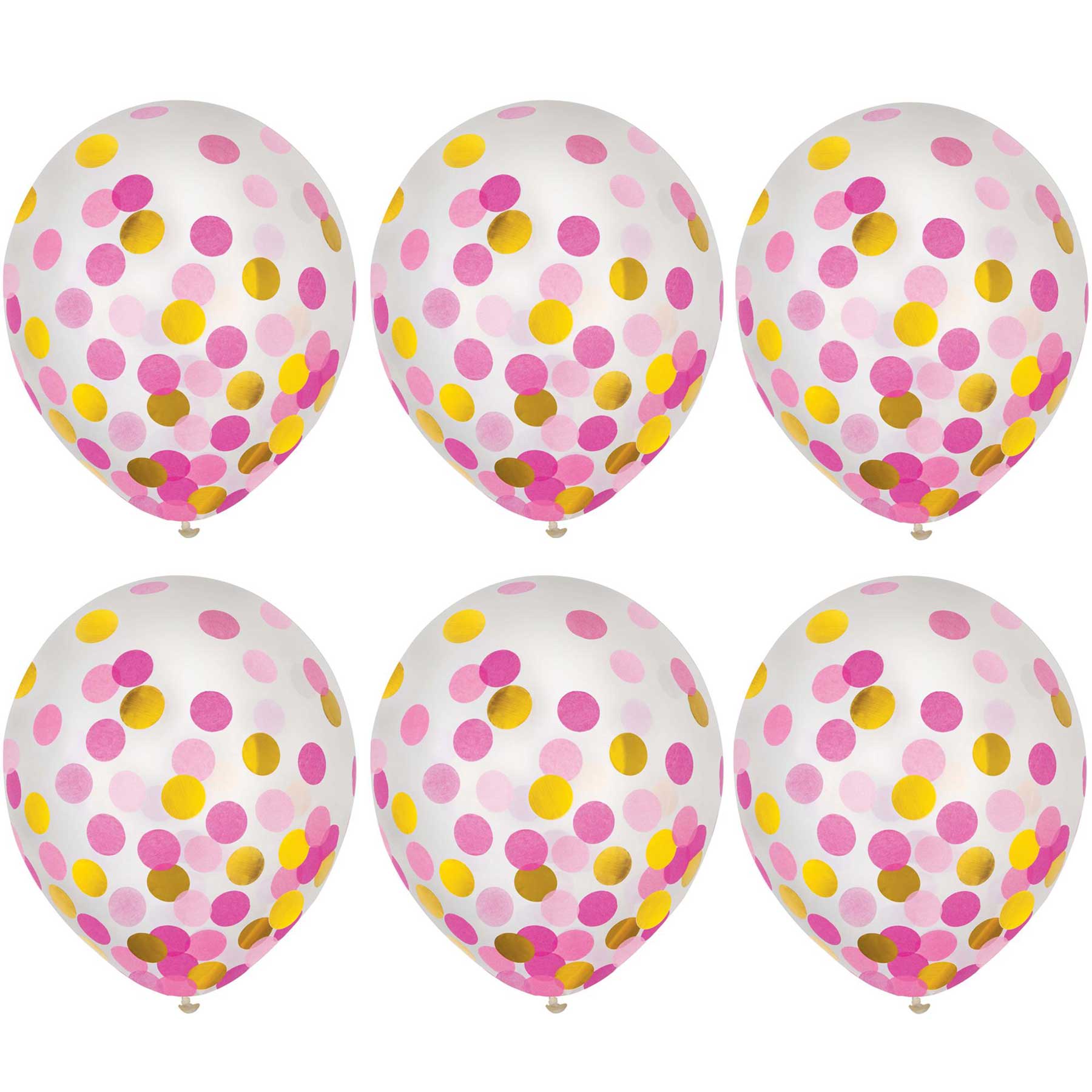 Pink & Gold Latex Balloons With Confetti 12in, 6pcs Balloons & Streamers - Party Centre