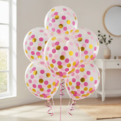 Pink & Gold Latex Balloons With Confetti 12in, 6pcs Balloons & Streamers - Party Centre
