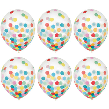 Brights & Multi Latex Balloons With Confetti 12in, 6pcs Balloons & Streamers - Party Centre