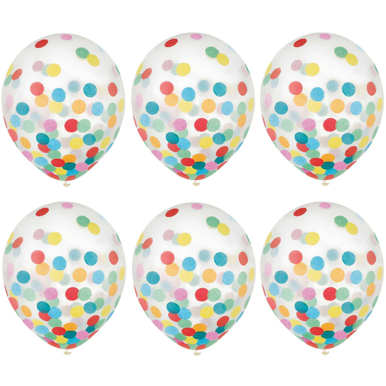 Brights & Multi Latex Balloons With Confetti 12in, 6pcs Balloons & Streamers - Party Centre