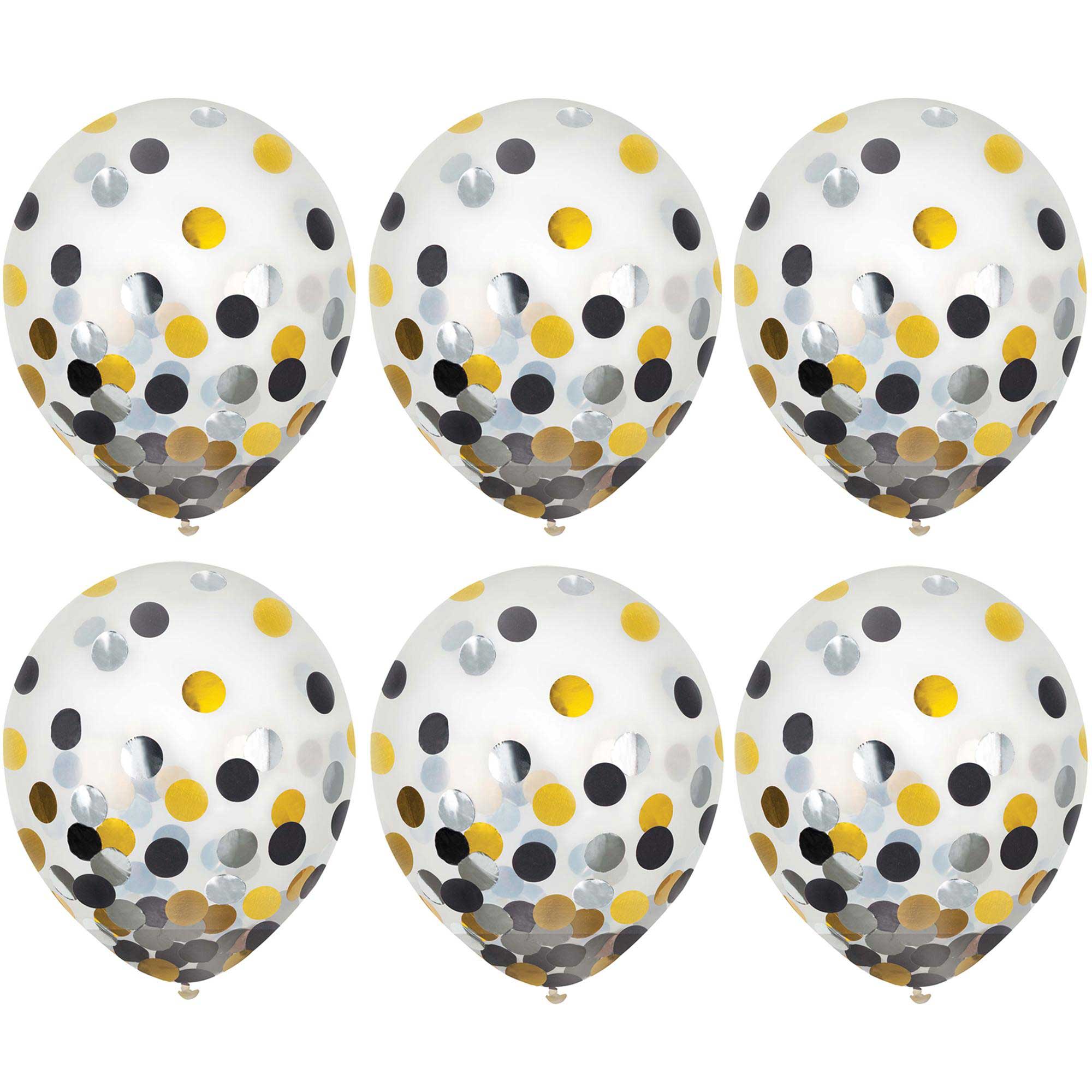 Black, Silver, Gold Latex Balloons With Confetti 12in, 6pcs Balloons & Streamers - Party Centre