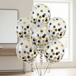 Black, Silver, Gold Latex Balloons With Confetti 12in, 6pcs Balloons & Streamers - Party Centre