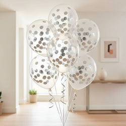 Clear Latex Balloons Silver Foil Confetti 12in, 6pcs Balloons & Streamers - Party Centre