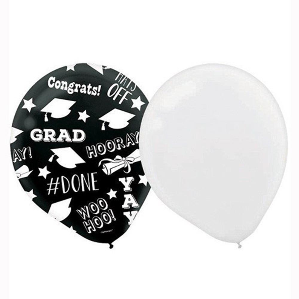 Grad Printed Latex Balloons-Assorted 12in, 15pcs Balloons & Streamers - Party Centre