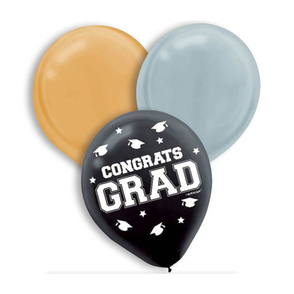 Graduation Black Silver and Gold Latex Balloons 12in 72pcs Balloons & Streamers - Party Centre