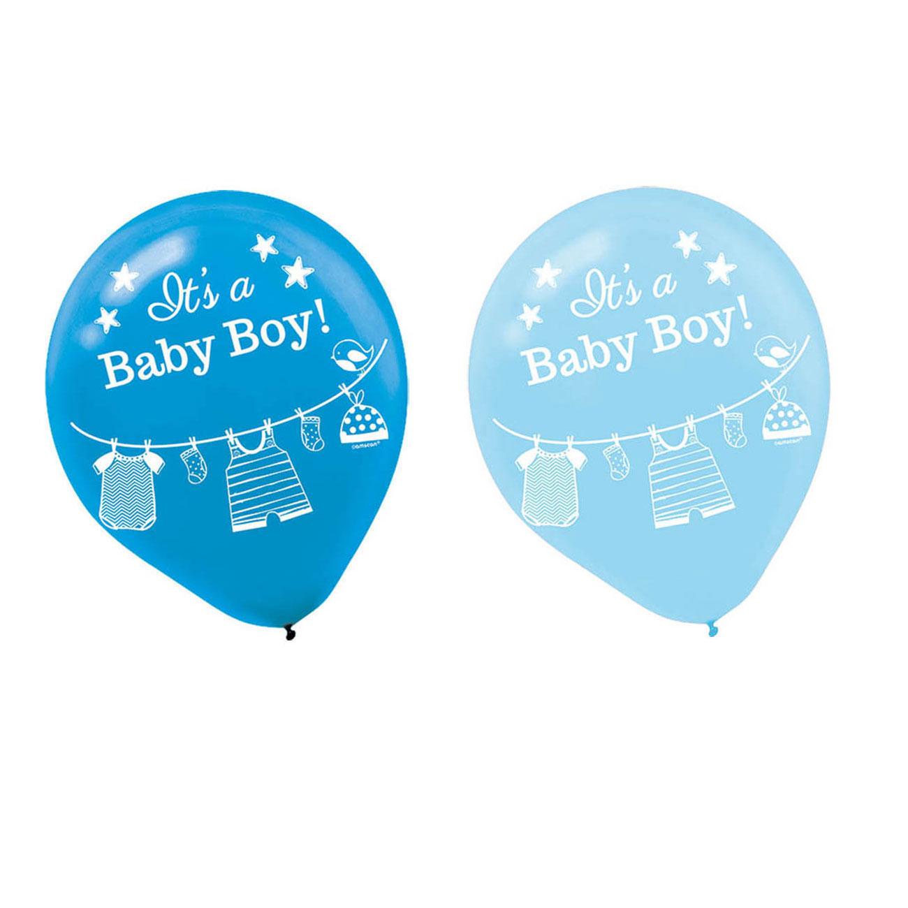Shower With Love Baby Boy Latex Balloons 12in, 15pcs Balloons & Streamers - Party Centre