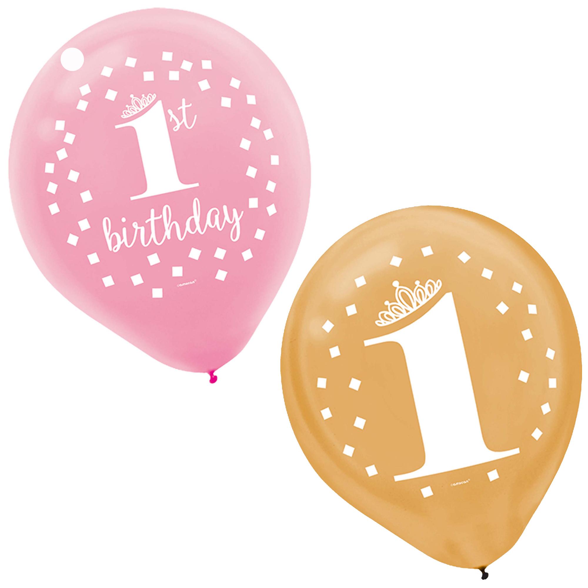 Gold First Birthday Girl Latex Balloons 12in, 15pcs Balloons & Streamers - Party Centre