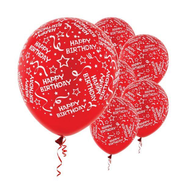 Red Birthday Confetti Latex Balloons 12in, 6pcs Balloons & Streamers - Party Centre