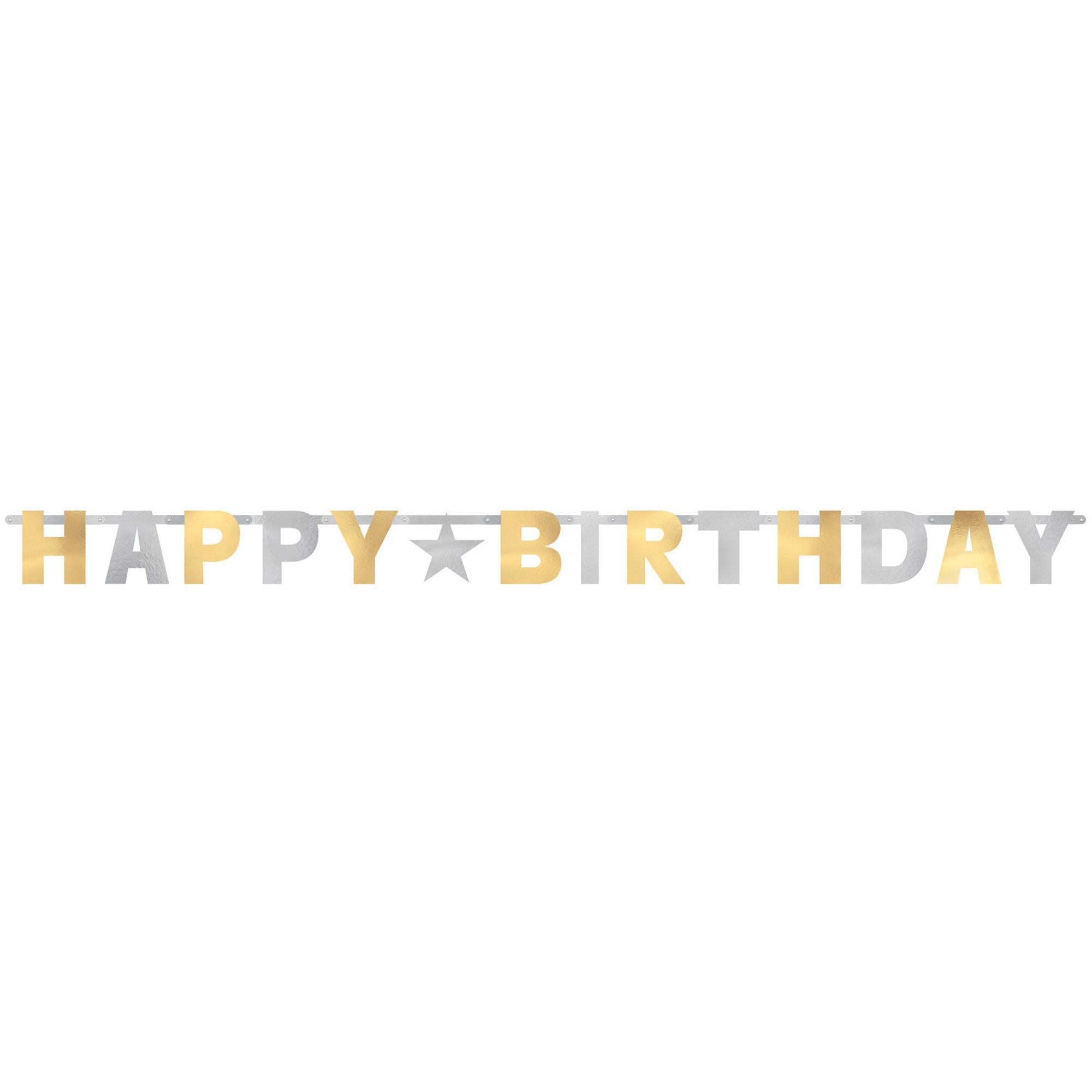 Happy Birthday Gold Silver Letter Banner 240cm Decorations - Party Centre