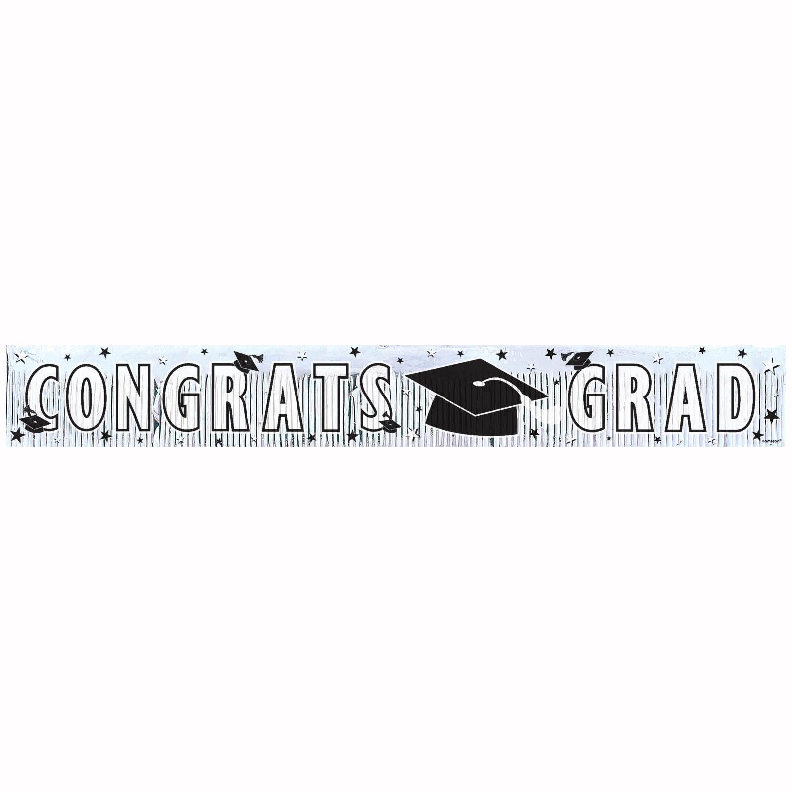 Graduation White Metallic Fringe Banner 5ft x 8in Decorations - Party Centre