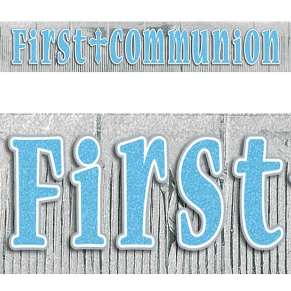 First Communion Blue Glitter Fringe Banner 10ft x 15 1/2in Decorations - Party Centre