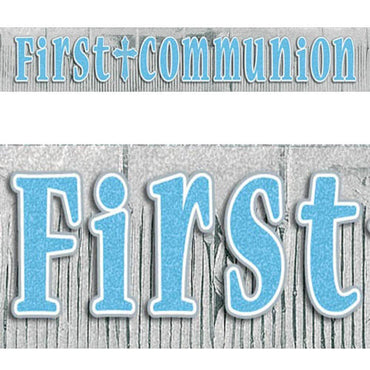 First Communion Blue Glitter Fringe Banner 10ft x 15 1/2in Decorations - Party Centre