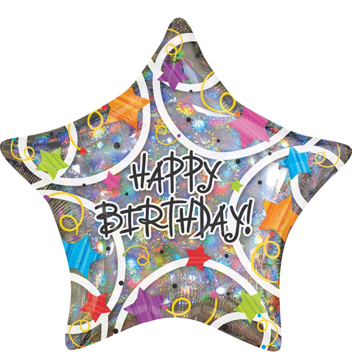 Happy Birthday Stars Jumbo Holographic Balloon 32in Balloons & Streamers - Party Centre