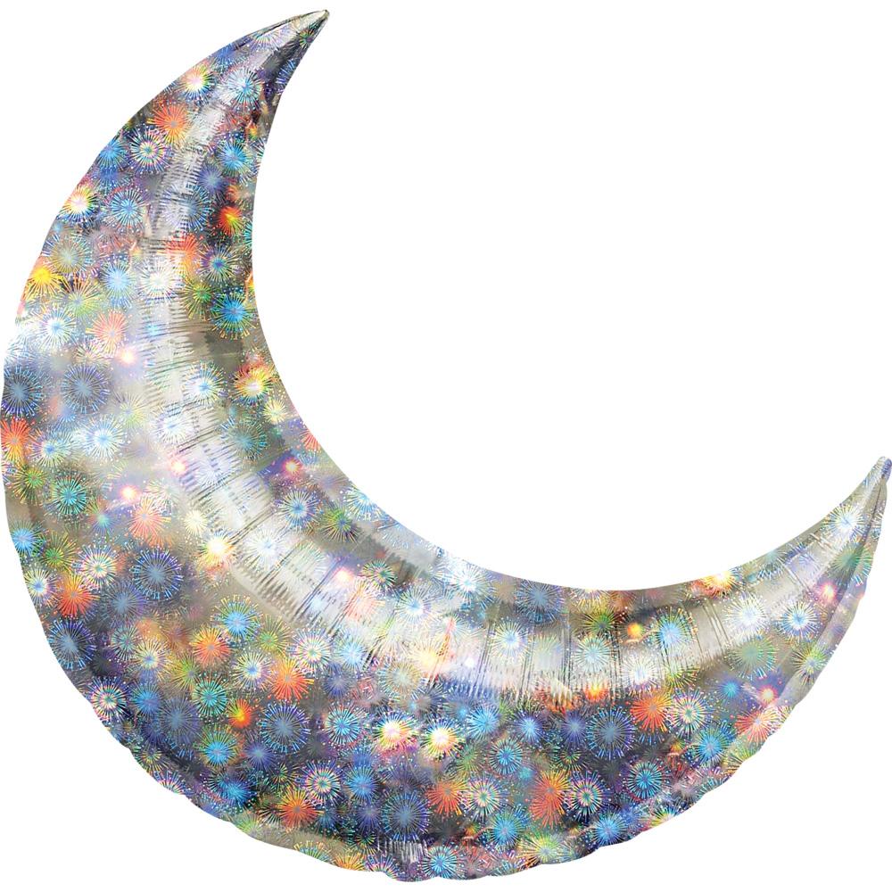 Holographic Fireworks Crescent Super Shape Balloon 35in Balloons & Streamers - Party Centre
