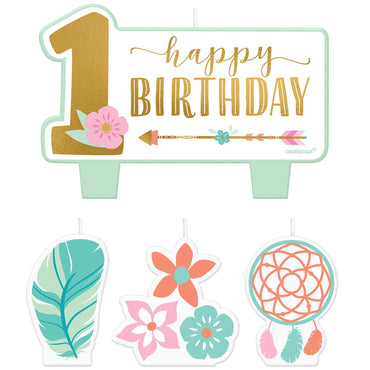 Boho 1st Birthday Girl Candle Set 4pcs Party Accessories - Party Centre