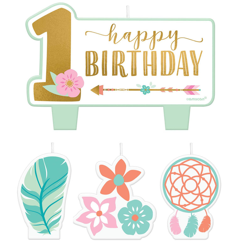 Boho 1st Birthday Girl Candle Set 4pcs Party Accessories - Party Centre