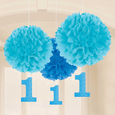 Glitter 1st Birthday Boy Fluffy Dangler 3pcs