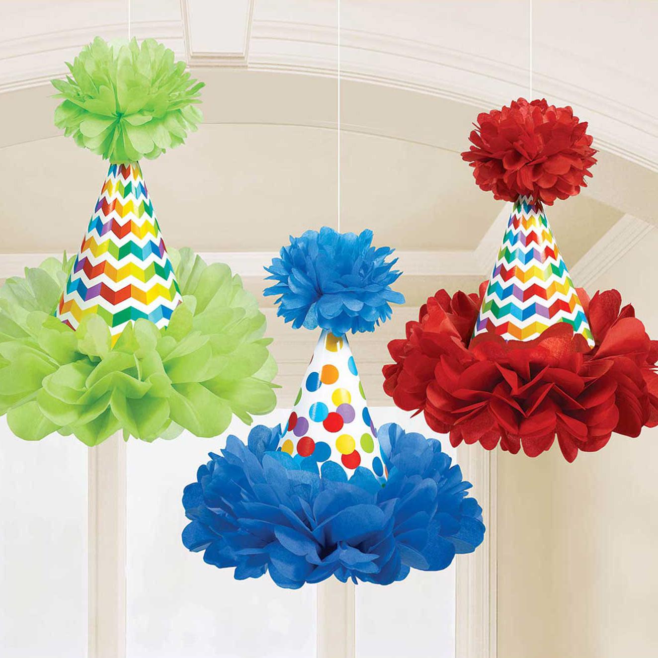Bright Birthday Cone Hat Fluffy Decorations 3pcs Party Accessories - Party Centre