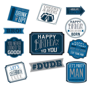 Happy Birthday Man Paper Cutouts 12pcs Decorations - Party Centre