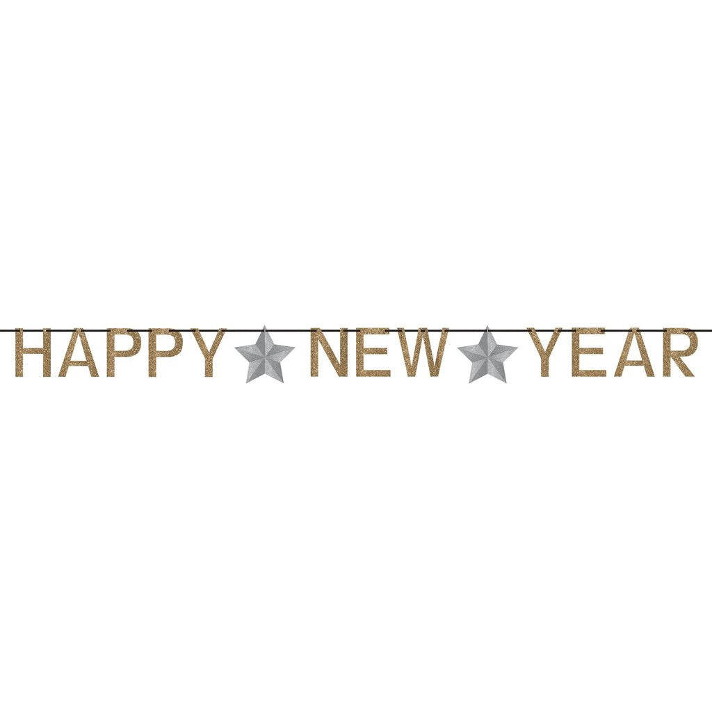 Happy New Year Glitter Gold & Silver Banner Decorations - Party Centre