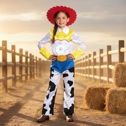 Child dressed in a Toy Story Jessie deluxe costume with a white and blue jumpsuit, red cowgirl hat, and attached cuffs, standing and posing.