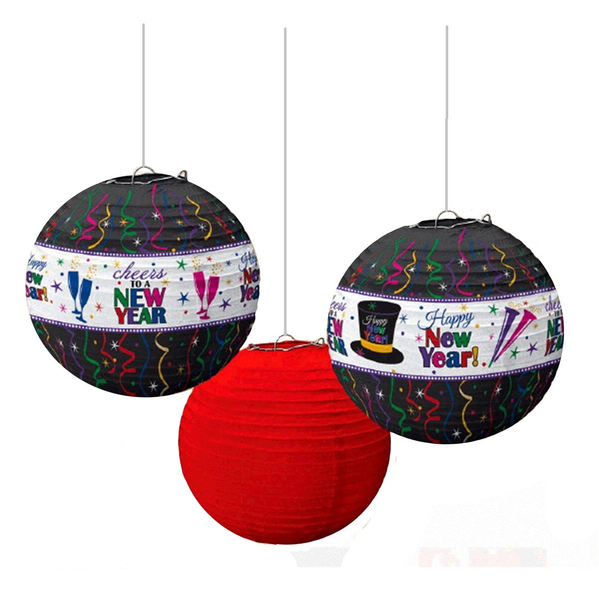 Happy New Year Printed Lantern- Jewel Tone 3pcs Decorations - Party Centre
