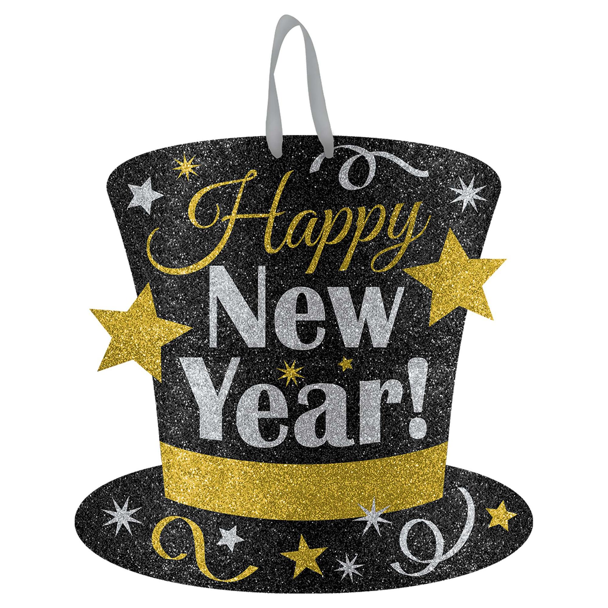 Happy New Year Value Sign w/ Glitter&Ribbon Hanger 11.5in Decorations - Party Centre