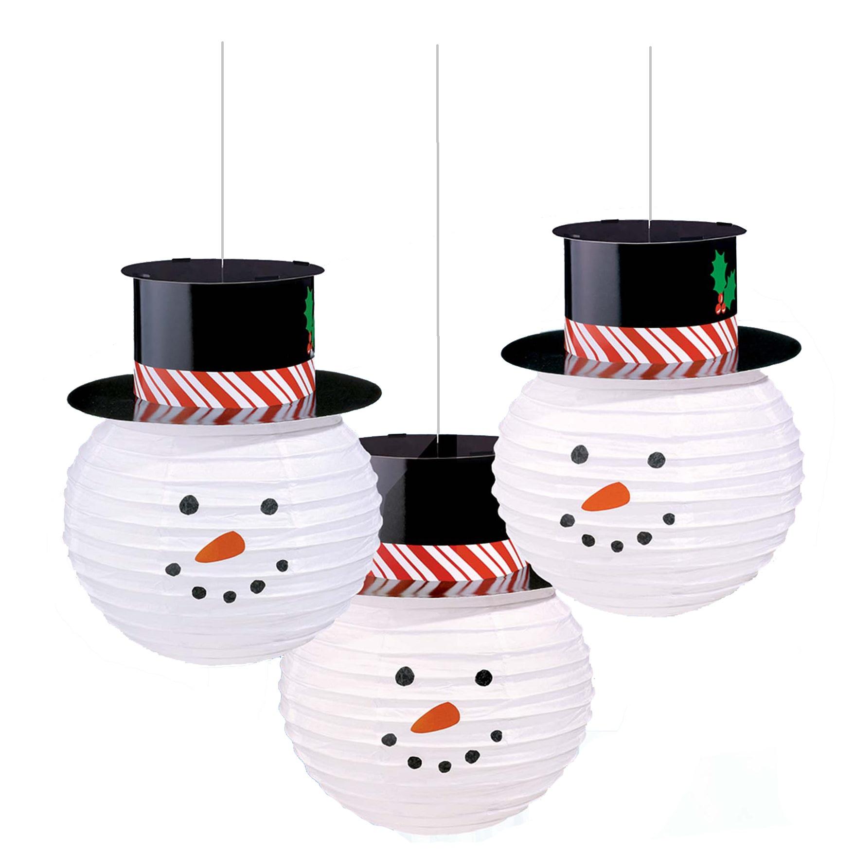 Round Snowmen Lanterns With Hats 3pcs Decorations - Party Centre