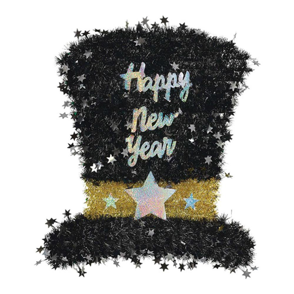 New Year Deluxe Top Hot Tinsel-Black/Silver/Gold 18in x 16in Decorations - Party Centre