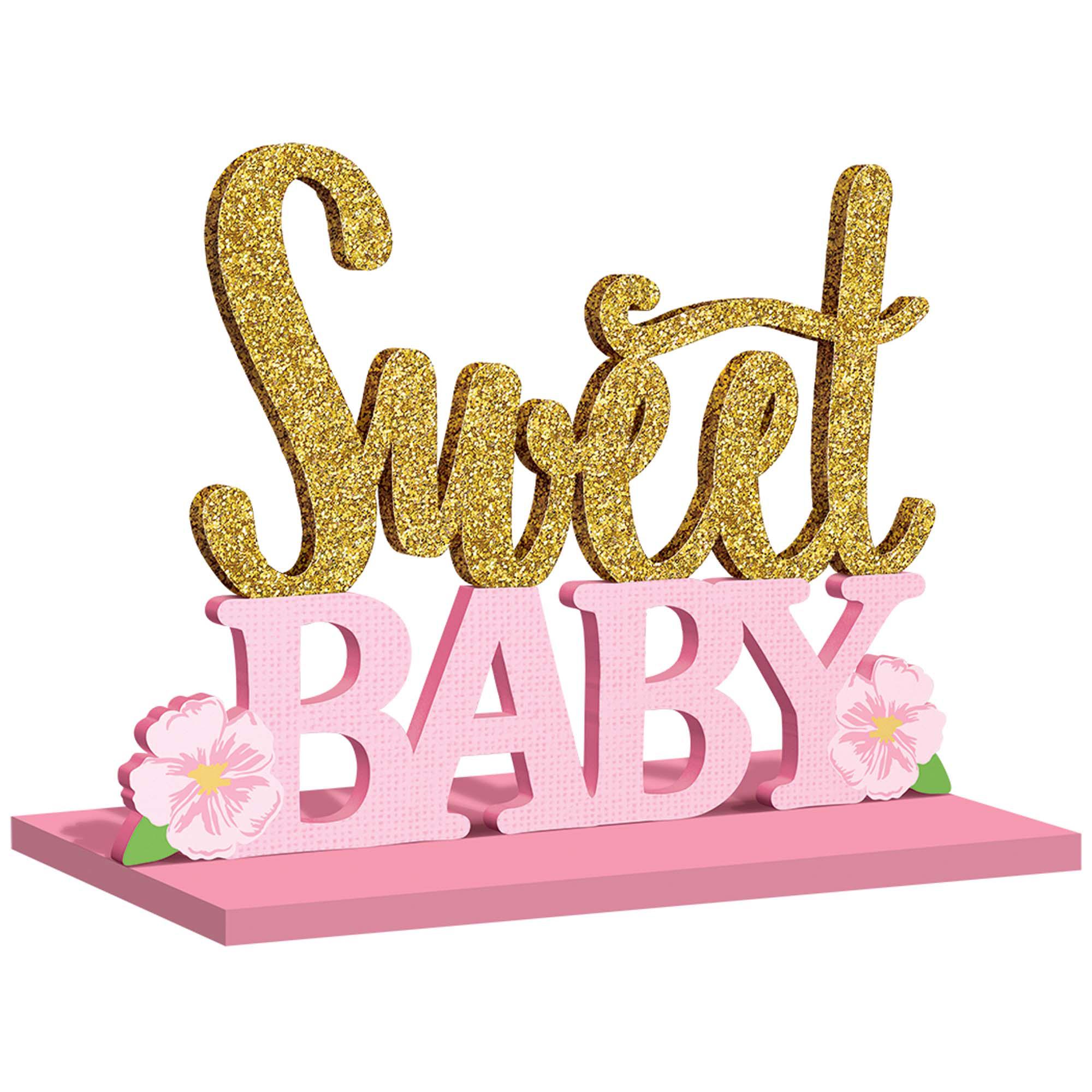 Floral Baby Stand Up Sign With Glitter Decorations - Party Centre