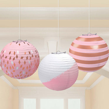 Rose Gold & Blush Paper Lanterns 3pcs Decorations - Party Centre