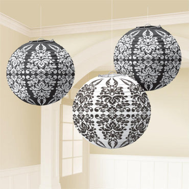 Black Damask Printed Lanterns 3pcs Decorations - Party Centre