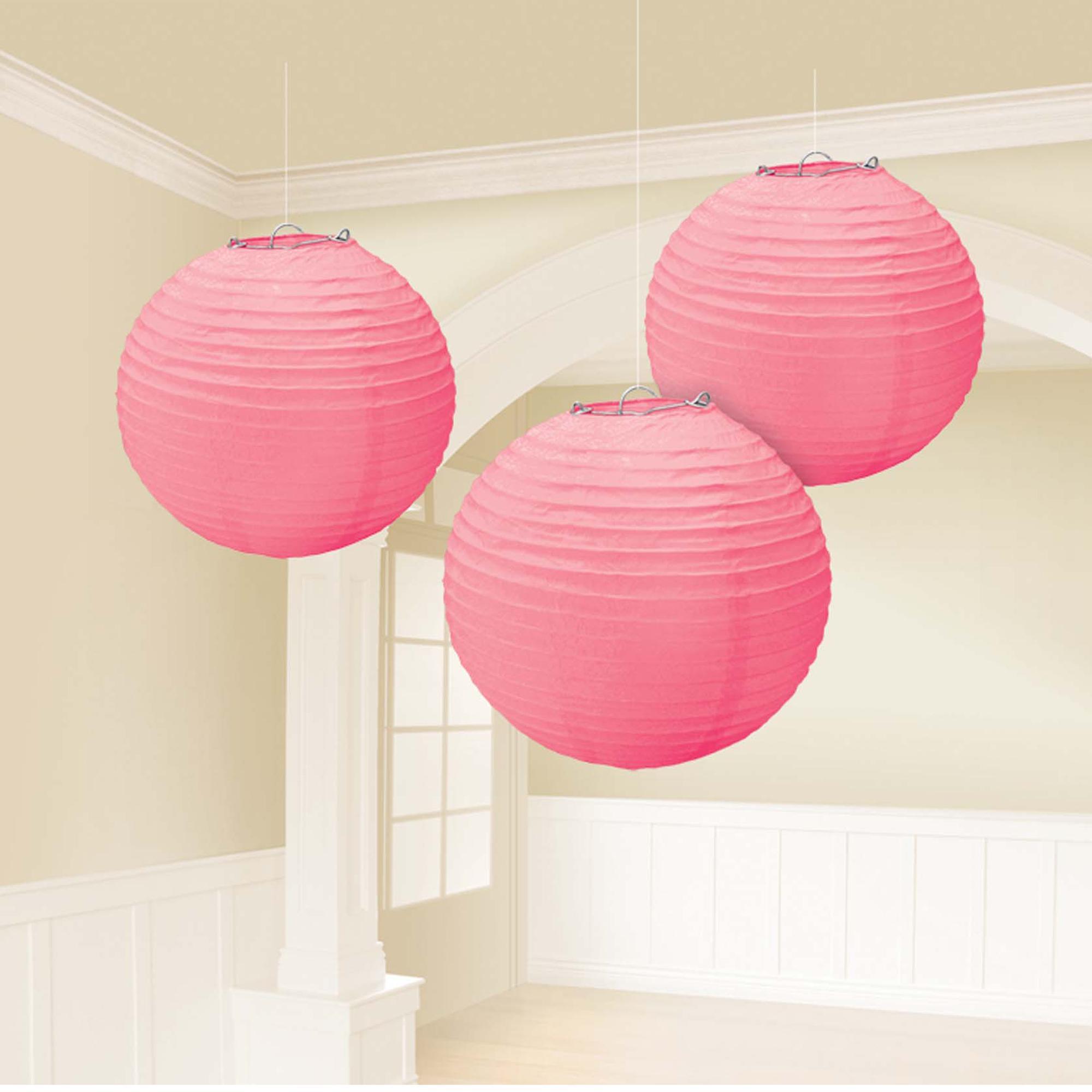 New Pink Round Paper Lanterns 9.5in 3pcs Decorations - Party Centre