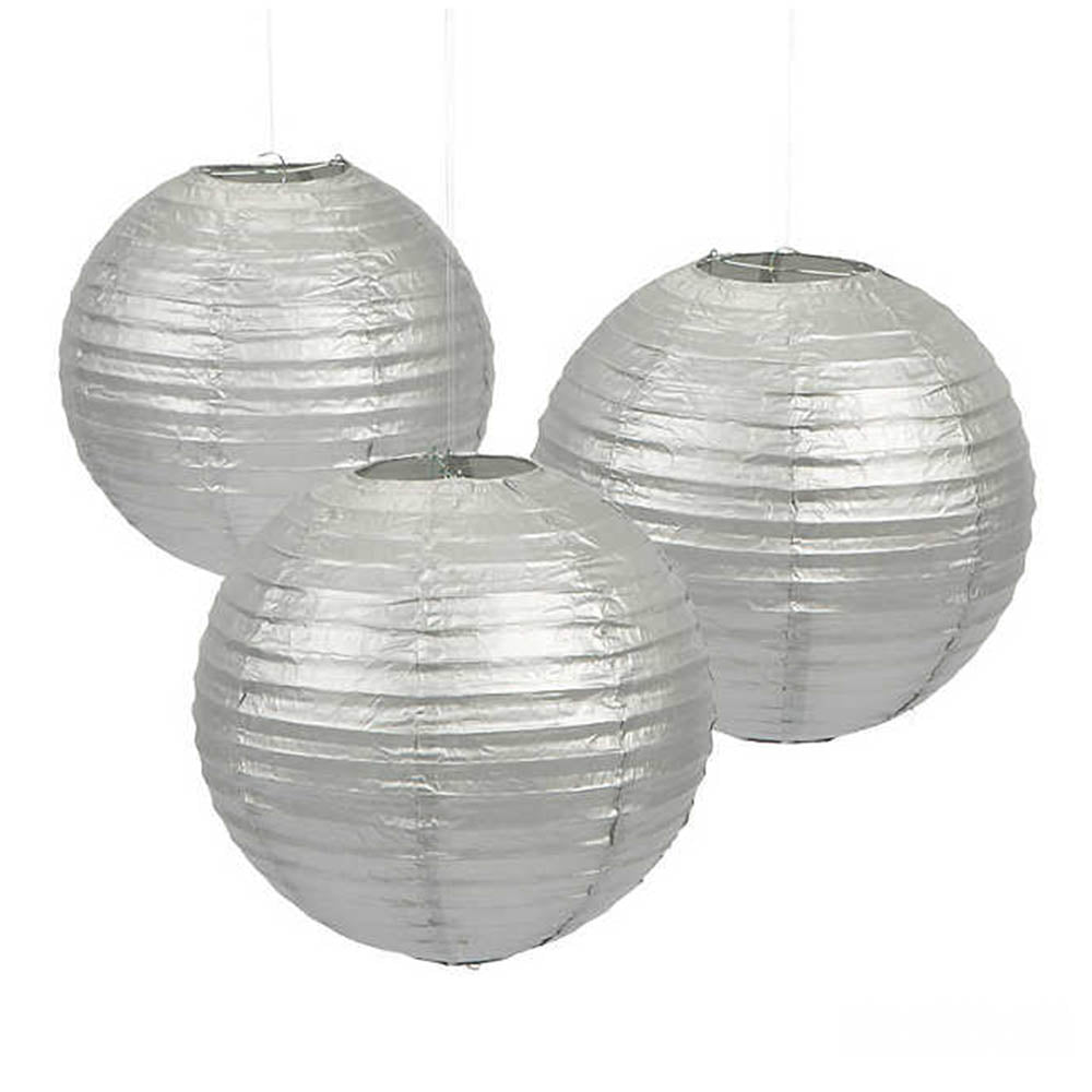 Silver Round Paper Lanterns 9.50in 3pcs Decorations - Party Centre
