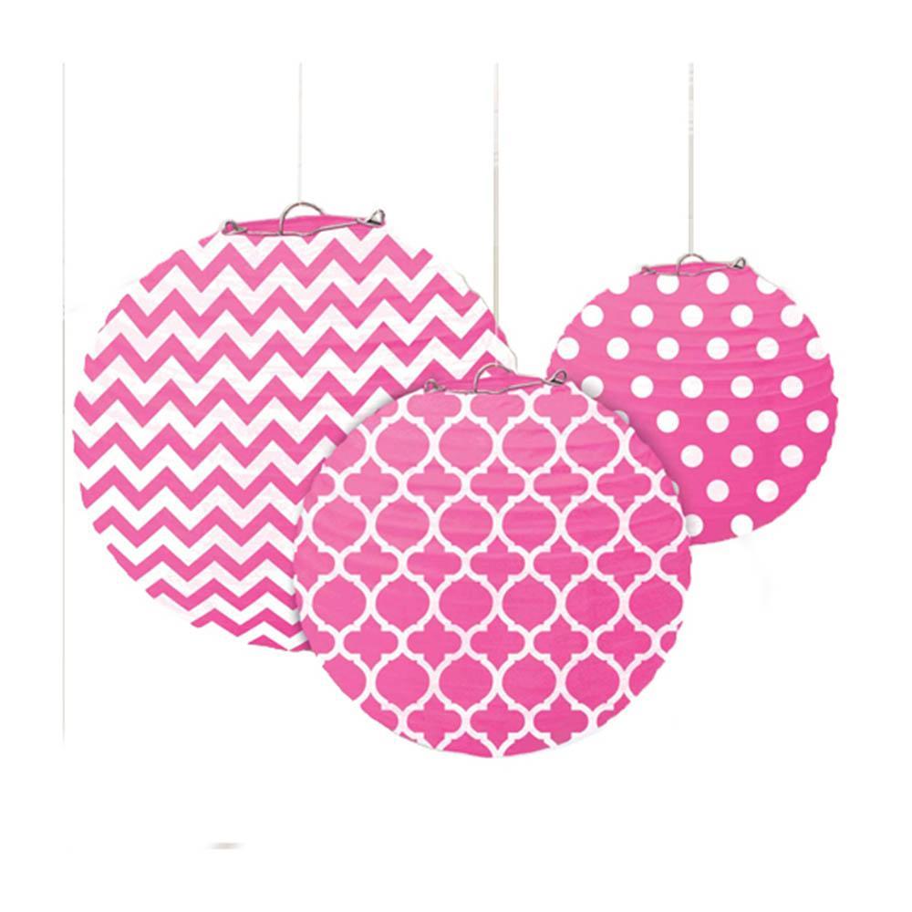 Bright Pink Dots & Chevron Round Paper Lanterns 3pcs Decorations - Party Centre