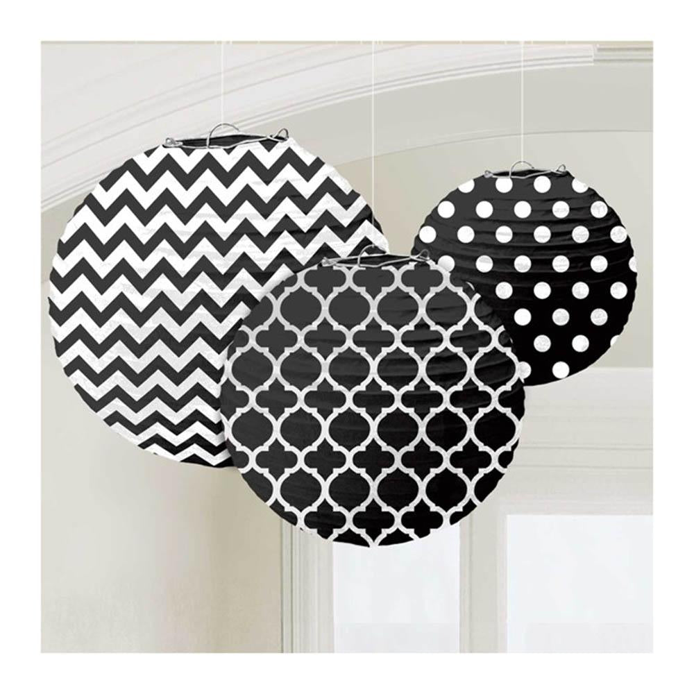 Jet Black Dots & Chevron Round Printed Paper Lantern 24cm Decorations - Party Centre