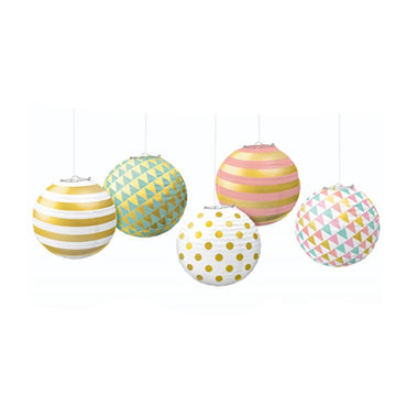 Pastel & Gold Mini Paper Lanterns 5pcs Decorations - Party Centre