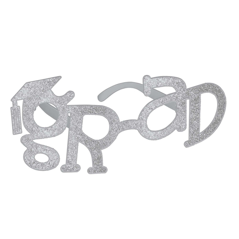 Grad Shaped Silver Plastic Glitter Glasses 4in x 9in Costumes & Apparel - Party Centre