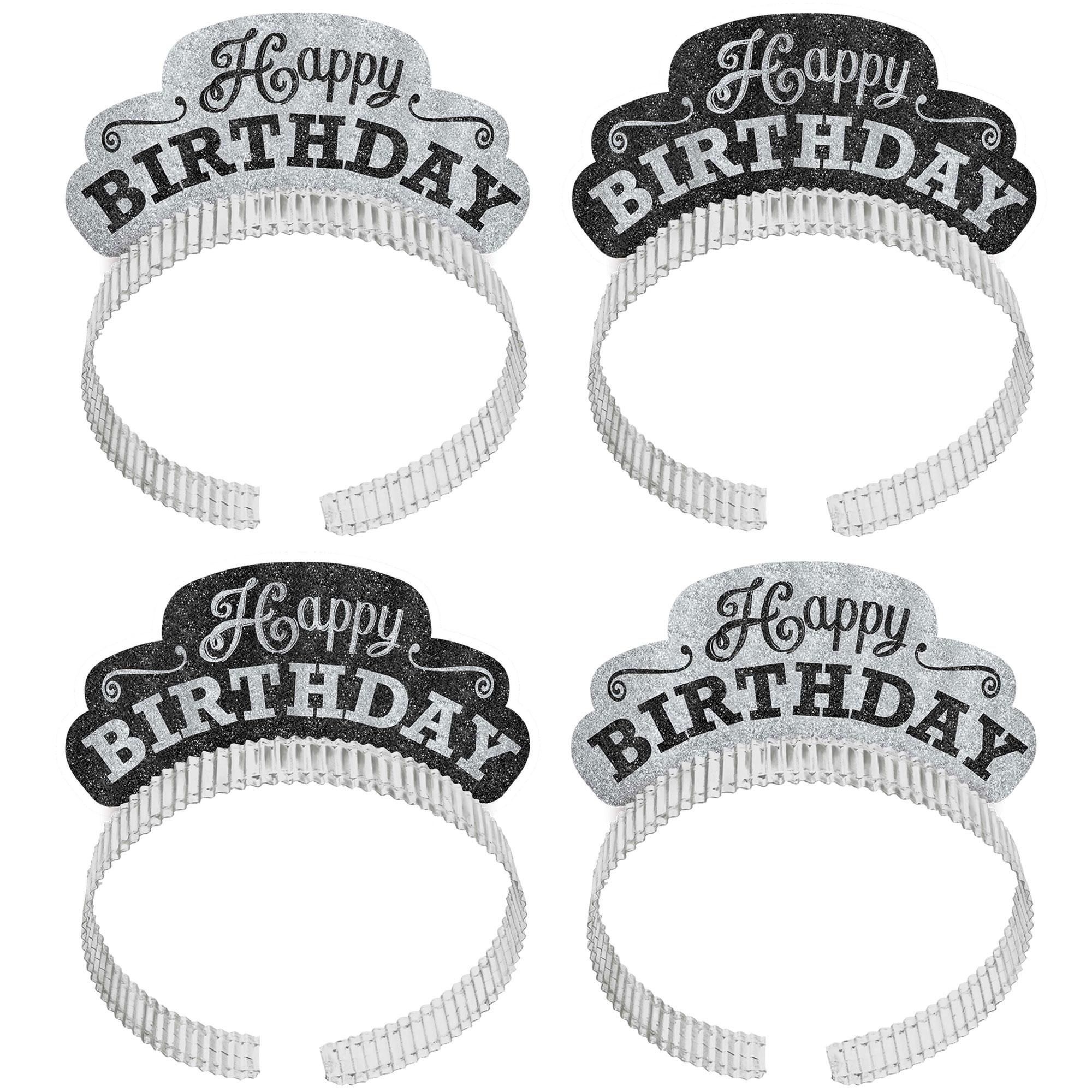 Black and White Happy Birthday Tiaras 12pcs Costumes & Apparel - Party Centre