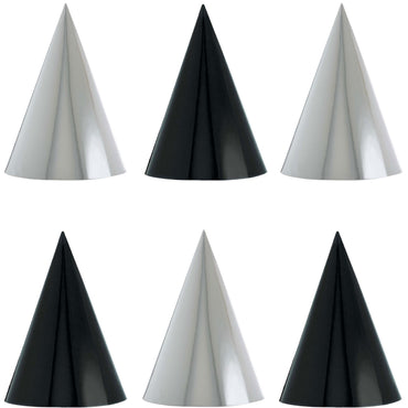 Black And White Foil Party Hats 12pcs Costumes & Apparel - Party Centre