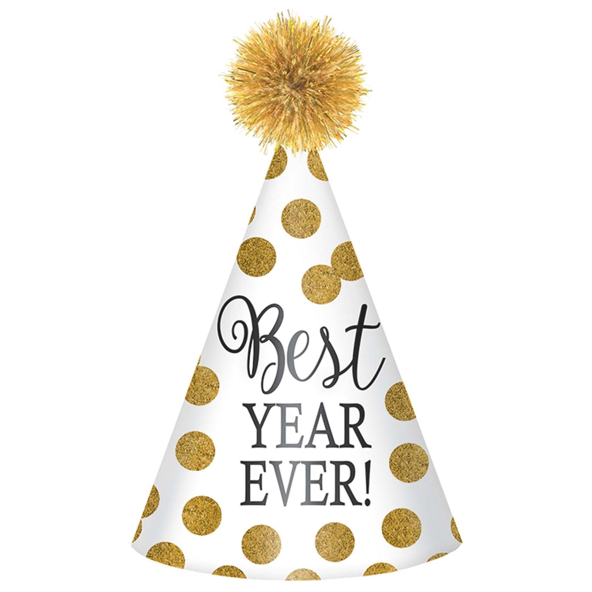New Year White Cone Hat With Gold Dots 9in Party Accessories - Party Centre