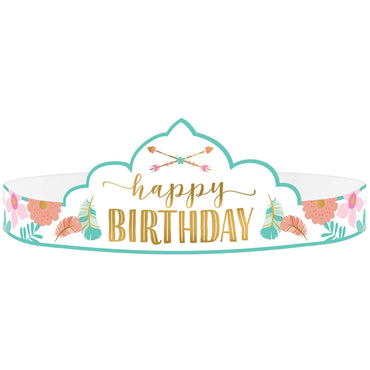 Boho Birthday Girl Paper Tiaras 8pcs Costumes & Apparel - Party Centre