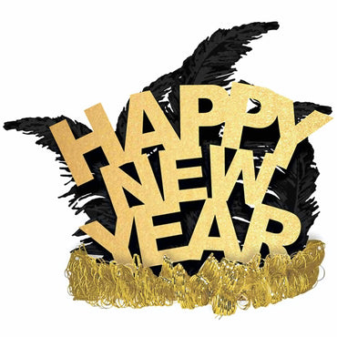 Happy New Year Gold Paper & Feathers Tiara Costumes & Apparel - Party Centre