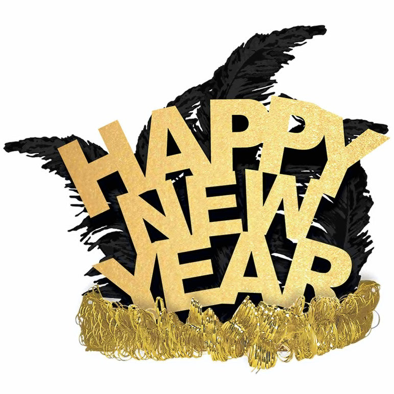 Happy New Year Gold Paper & Feathers Tiara Costumes & Apparel - Party Centre