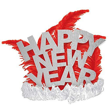 Happy New Year Red Glitter Feather Tiara Party Accessories - Party Centre