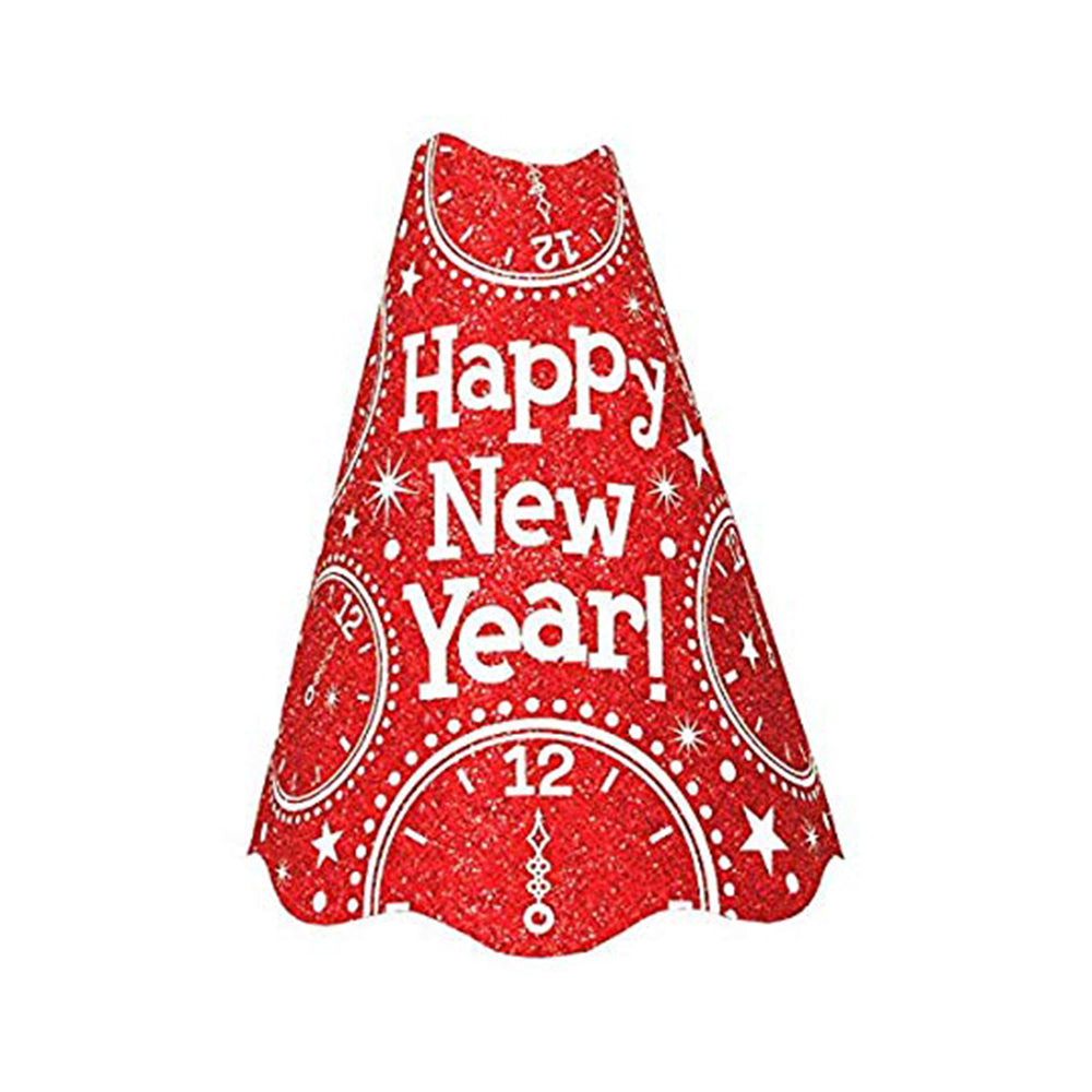 Happy New Year Red Glitter Cone Hat