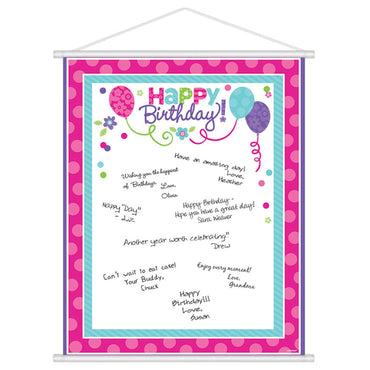 Pink and Teal Happy Birthday Scroll Sign in Sheet Favours - Party Centre