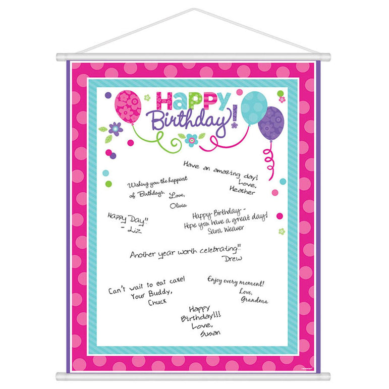 Pink and Teal Happy Birthday Scroll Sign in Sheet Favours - Party Centre