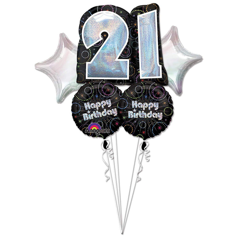 Time To Party 21st Birthday Balloon Bouquet 5pcs Balloons & Streamers - Party Centre