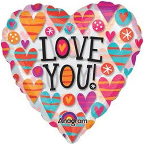 Love You Bright Hearts See-Thru Balloon 26in Balloons & Streamers - Party Centre